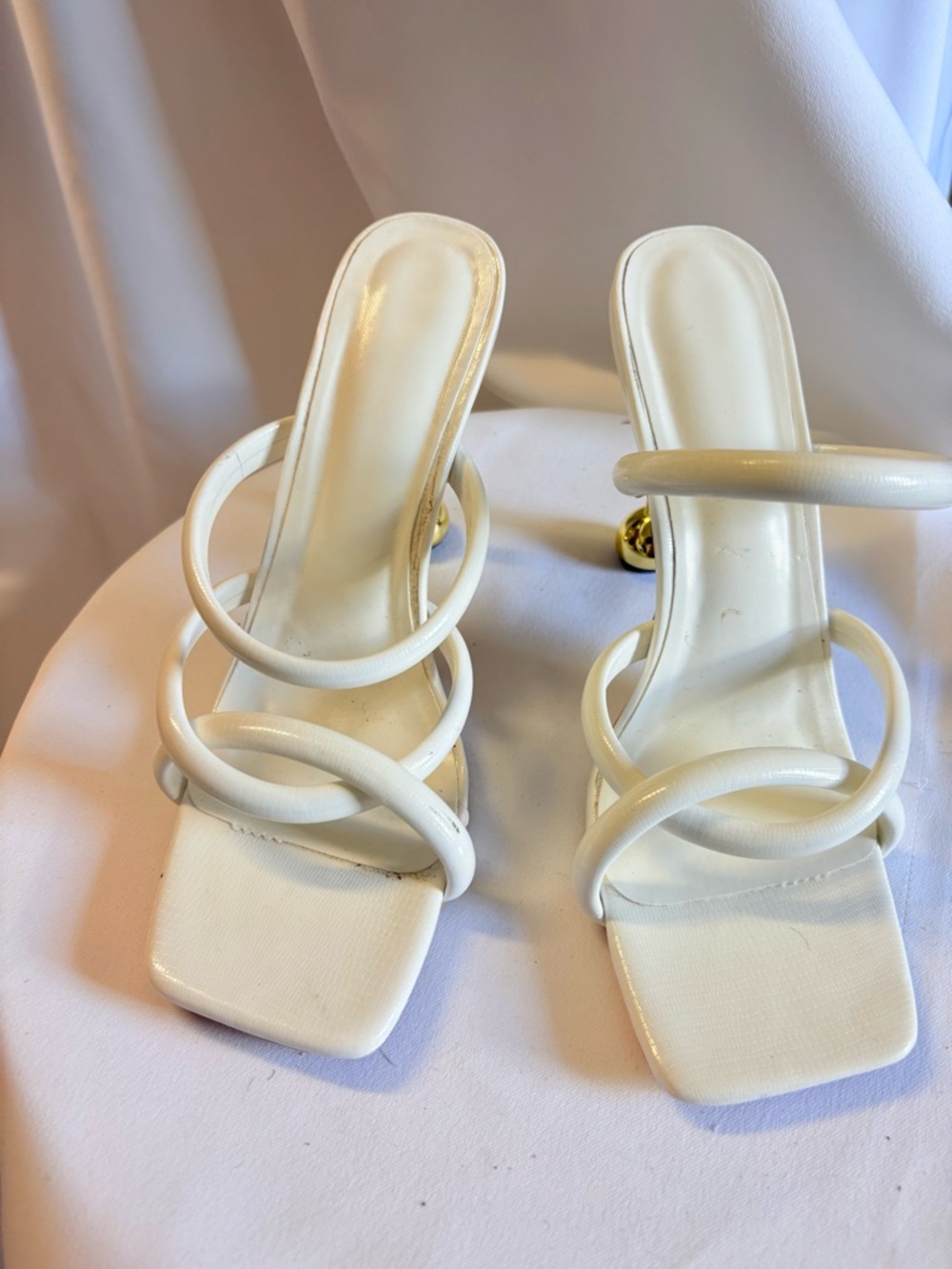 Women's White Strappy Square-Toe Slide Heels